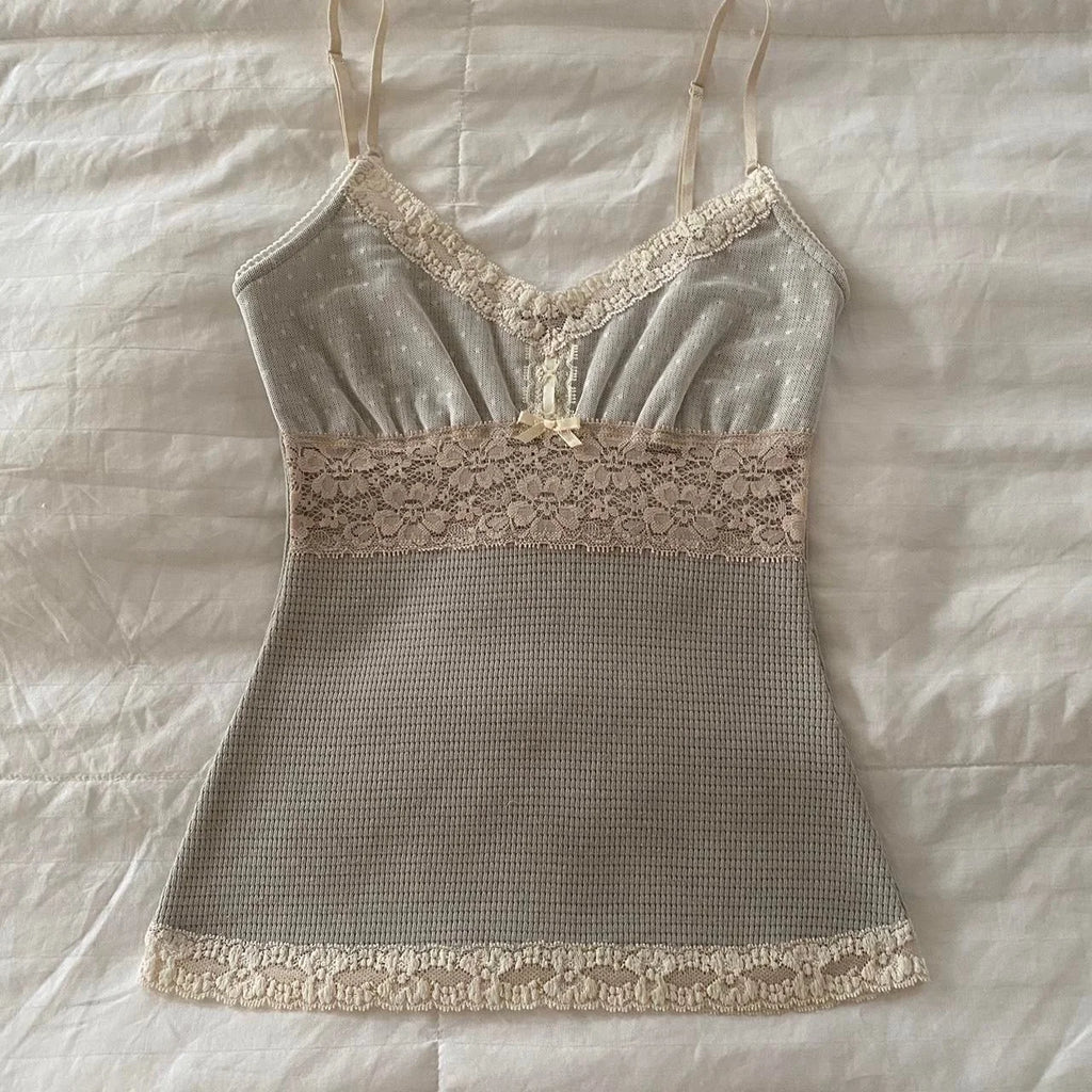 Women Summer Kawaii Lace Trim Patchwork Tanks Tops Fairycore Grunge Aesthetic Sleeveless Spaghetti Strap Slim Vacation Vests