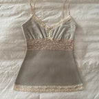 Women Summer Kawaii Lace Trim Patchwork Tanks Tops Fairycore Grunge Aesthetic Sleeveless Spaghetti Strap Slim Vacation Vests