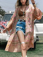 Boho Queens Women Pink Floral Print Bohemian Kimono Beach Robe Lady Batwing Sleeves Rayon Vacation Boho Bikini Cover-ups