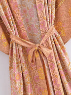 Boho Queens Women Pink Floral Print Bohemian Kimono Beach Robe Lady Batwing Sleeves Rayon Vacation Boho Bikini Cover-ups