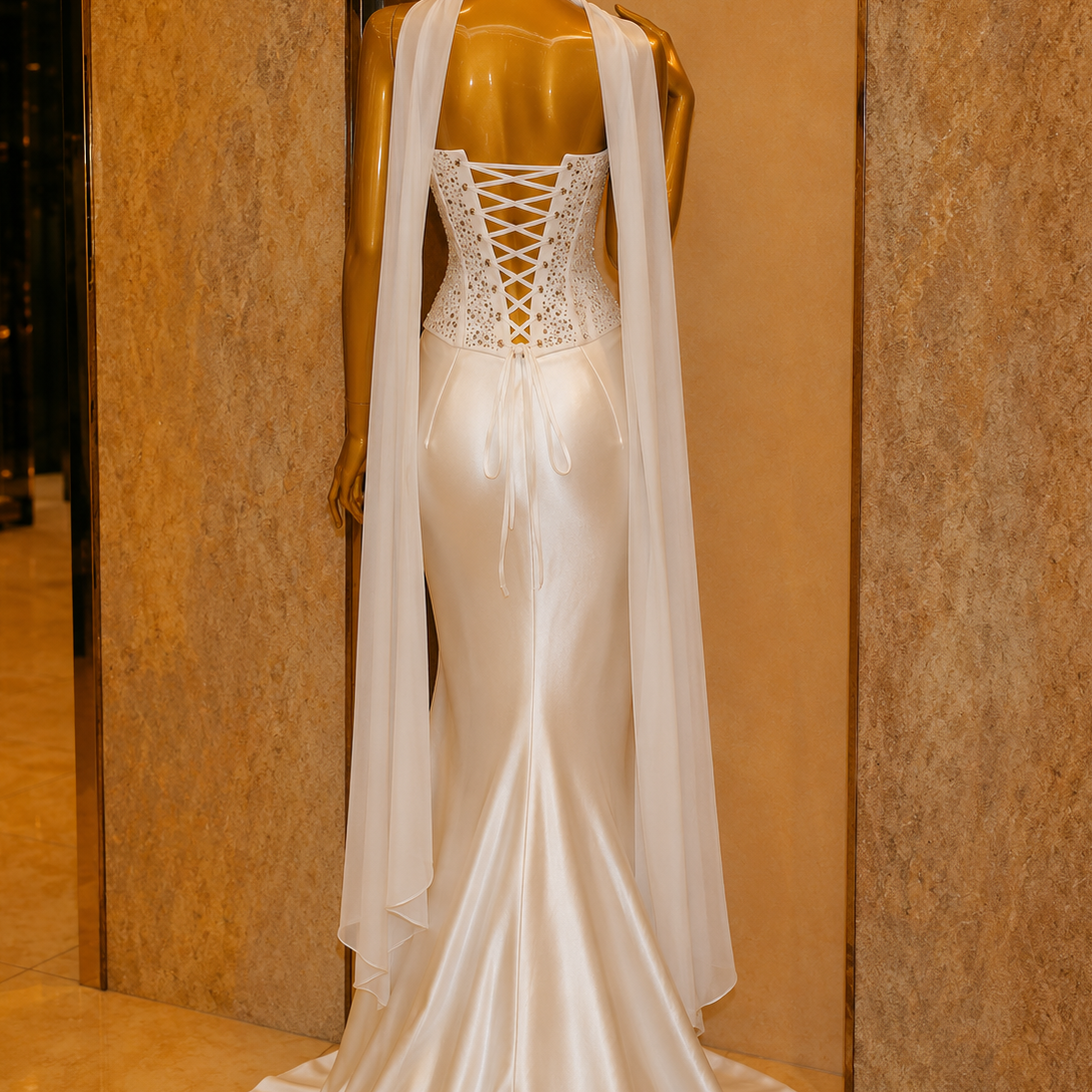 White wedding dress with lace back and cape on a mannequin against a beige wall.