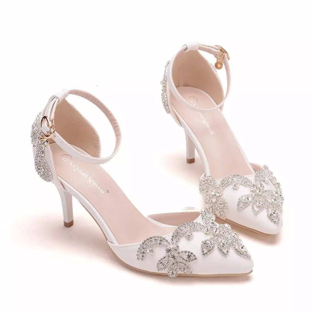 CRYSTAL EMBELLISHED WHITE PUMPS