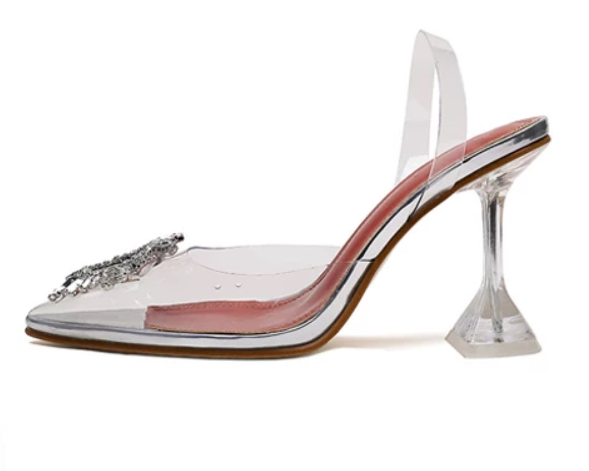 CLEAR CRYSTAL BROOCH PUMPS