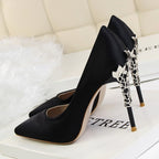 CARVED HEEL SATIN PUMPS