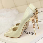 CARVED HEEL SATIN PUMPS