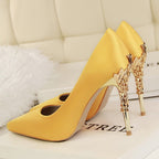 CARVED HEEL SATIN PUMPS