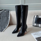 BLACK STILETTO BOOTS WITH RED SOLE